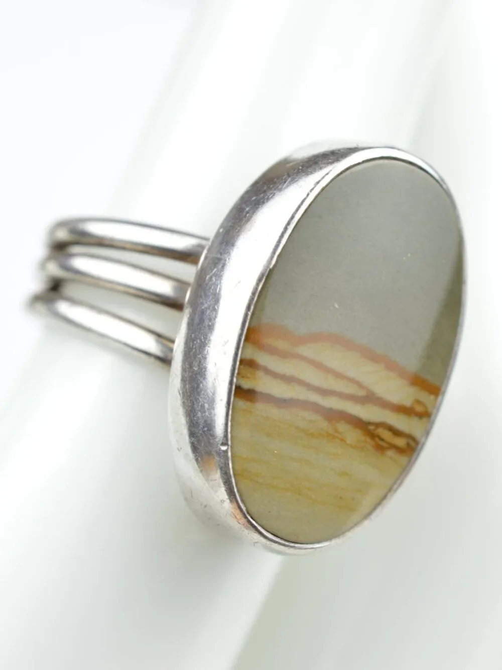 925 Sterling Silver Owyhee Picture Jasper Ring Size 5.75 Triple Wire Band 7.3g